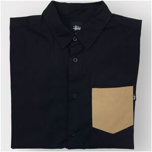 STUSSY Men's‎ Short Sleeve Button Up Shirt Size S Navy Blue Cotton Chest Pocket